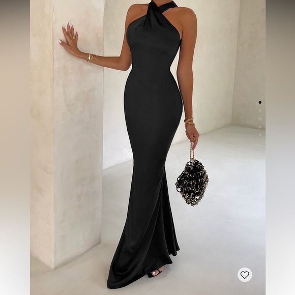 Unstoppable | BLACK SATIN CROSS OVER HALTERNECK MAXI DRESS - Picture 1 of 6